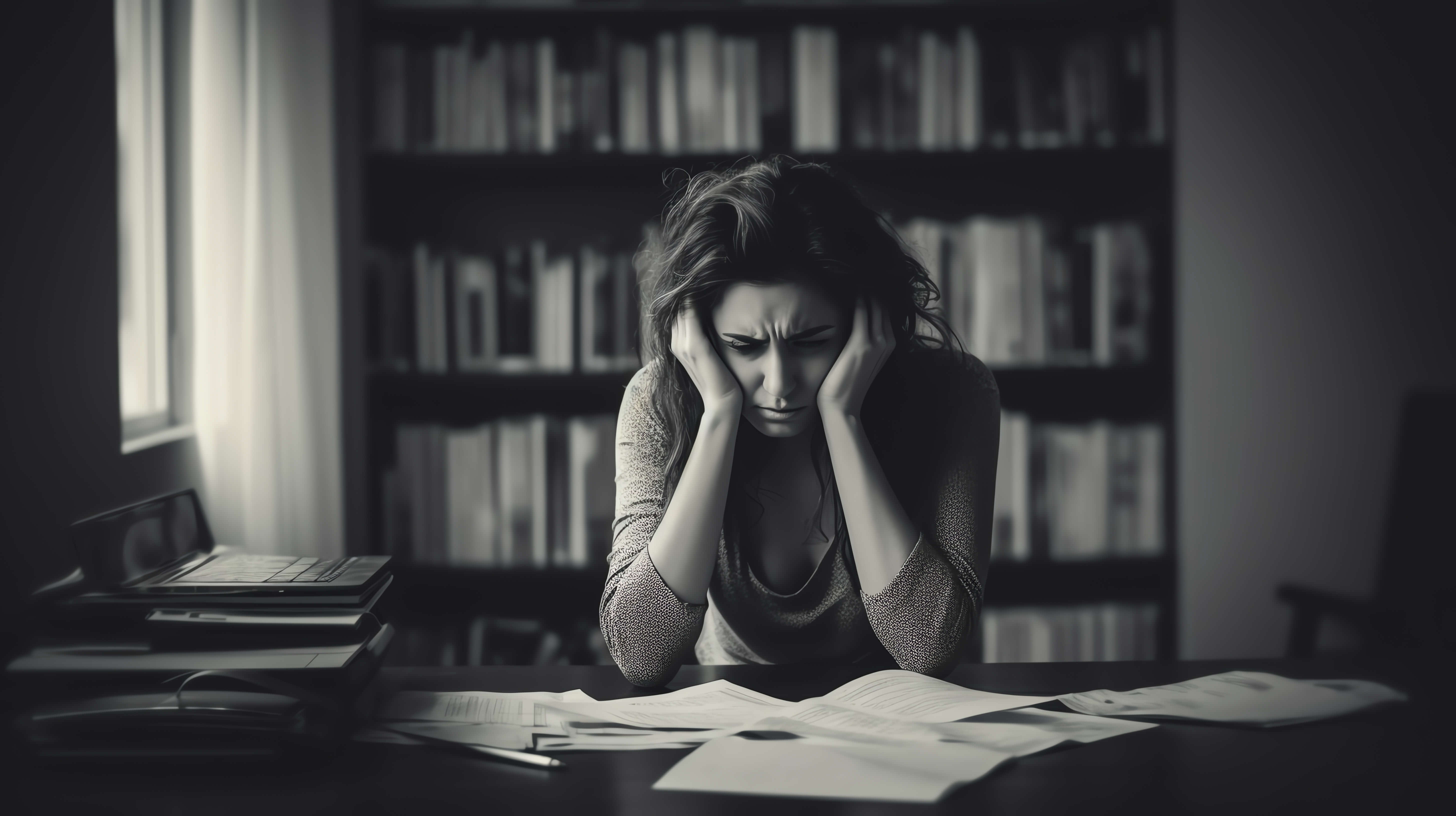 A woman is sitting at her desk, looking stressed. She has her hands on her head and is surrounded by paperwork. A woman is sitting at her desk, looking stressed. She has her hands on her head and is surrounded by paperwork.